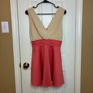 Umgee USA Dress V Neck Tan Coral Fit Flare Mini Party Festival Size M Pockets